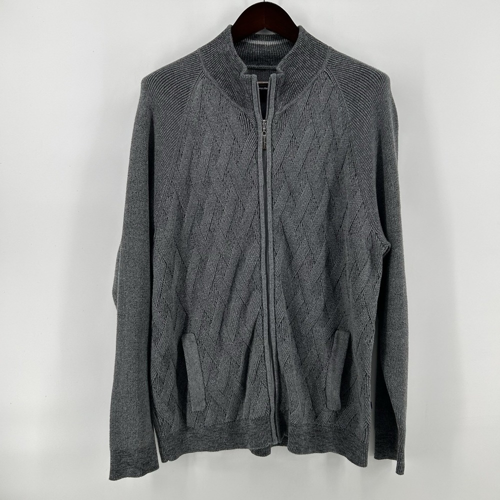Tommy Bahama Sweater Mens XL Gray Diamond Cable Knit Full Zip Cardigan Dadcore
